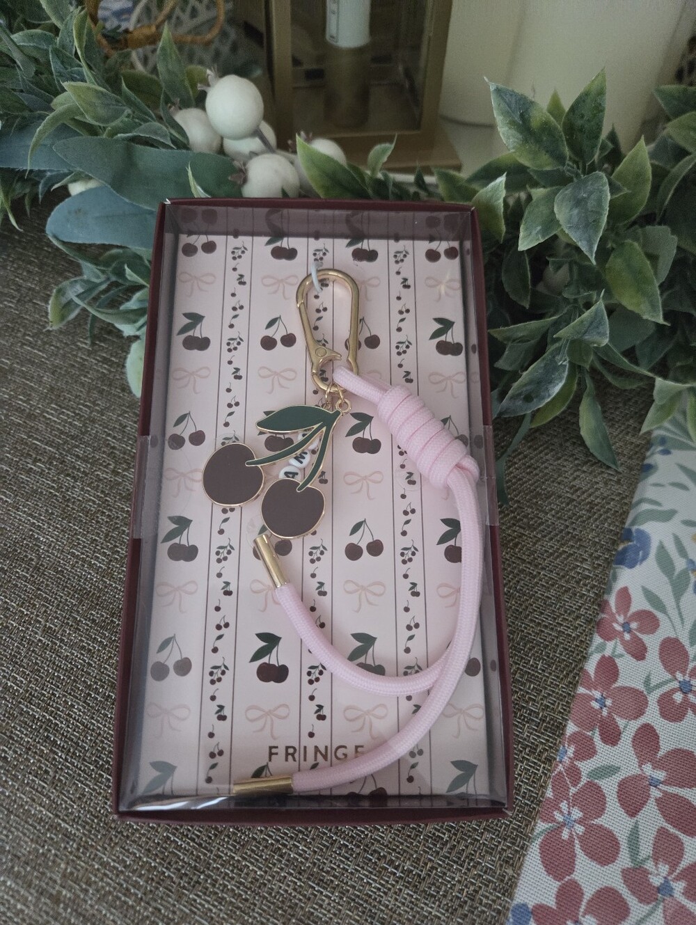 Fringe Studio Pink Cherry Charm Keychain with Green Leaves